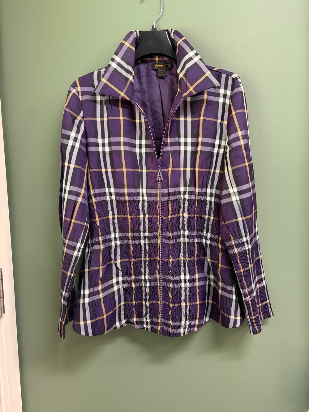 Jerry T Dark Purple Plaid Women's Jacket with Ruched Waist